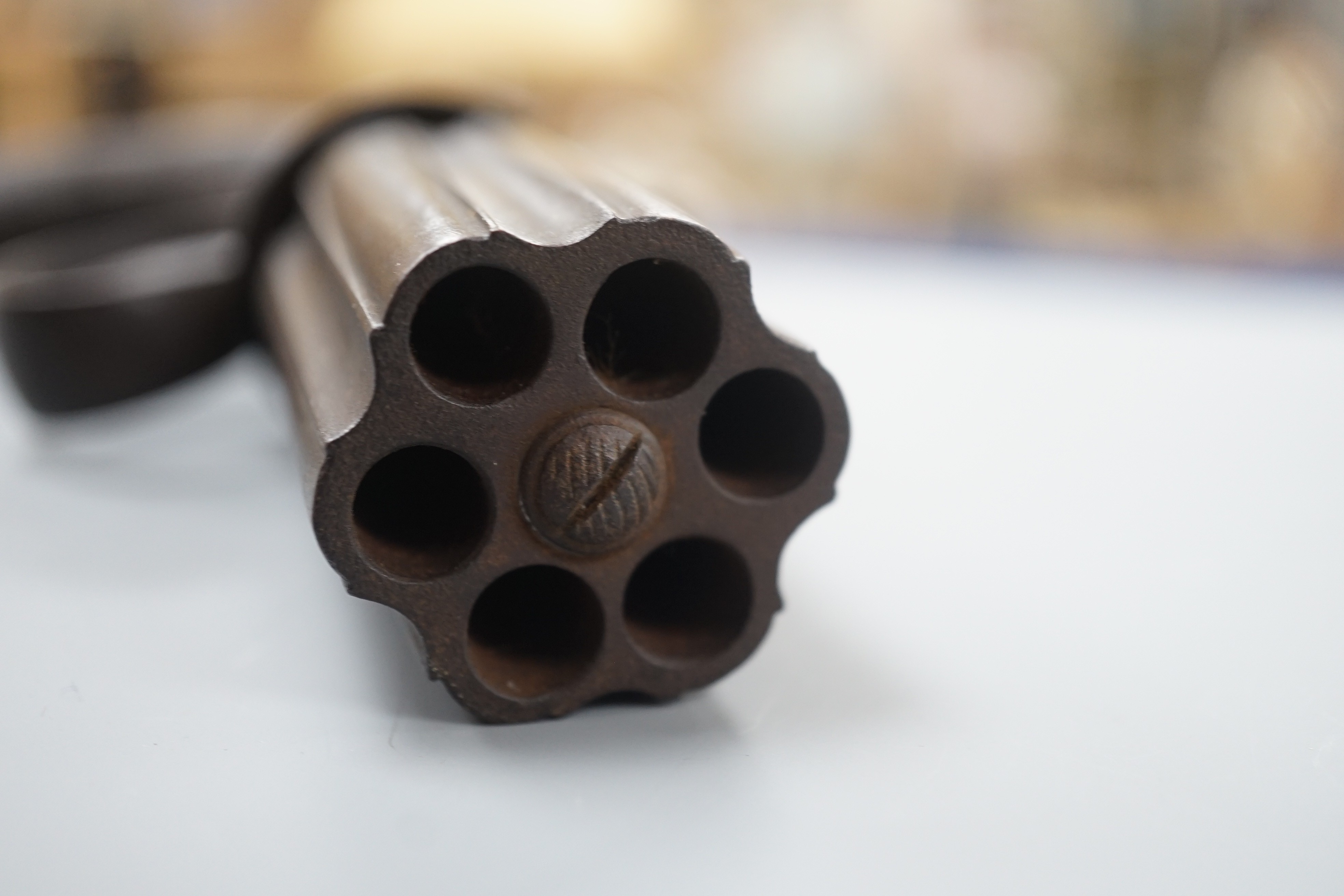 A 19th century unnamed 6 shot bar hammer action pepperbox revolver 3” barrel